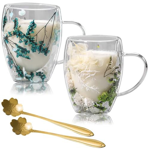 2 vasos para latte macchiato con flores secas, 350 ml, flores secas, taza de café de doble pared de cristal, vasos de doble pared con cuchara, tazas de café aisladas con asa para capuchino, té