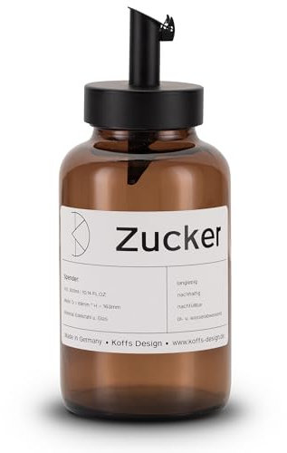 Koffs Design Barista sockerströare med rostfritt stål doserare – individuellt tryckbart ströare för socker, frön, flingor toppings – modern sockerskål av glas med UV-skydd – socker 300 ml