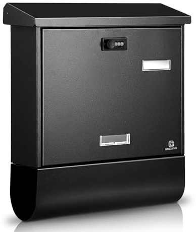 KINGCEPHAS Wall-Mounted Mailbox with Combination Lock,Newspaper Holder, Large Capacity, Waterproof Postbox with Newspaper Compartment, High Rust Resistance Letterbox,Mailboxes for Outside (Black)