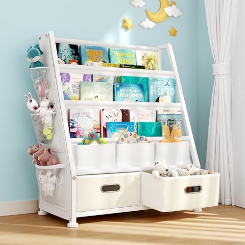GoTiling Bibliotheque Enfant Etagère pour Chambre: Étagère de Rangement pour Jouets et Livres - Bibliothèque à 3 Niveaux en Tissu avec 2 Tiroirs