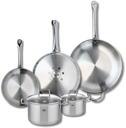 ELO 9511850 Batterie de cuisine 5 pièces, Ensemble de 3 Poêles de cuisson 24, 28 et 32 cm et 2 faitouts 14 et 20 cm Elo Profi Citrin, inox, induction