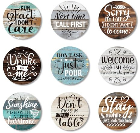 ANATTASOUL Untersetzer Holz Rund, 9 Stück Lustig und Sarkastisch Holzuntersetzer Wiederverwendbare Holz Rund Untersetzer, Tasse Coaster Mat für Zuhause Büro und Bar Tischdeko Sommer