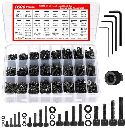 Pmueuff Tornillos Hexagonal Cilíndrico, 1600 Piezas Tornillos y Tuercas y Arandelas M2 M3 M4 M5 Juego de Tornillos Hexagonales Internos y Tuercas Tornillería Pernos Cilíndricos con Llave Hexagonal