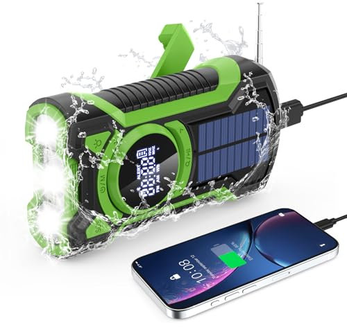 UMUTOO Wind Up Radio, IP65 Waterproof Solar Emergency Radio, Bluetooth 5.3 Portable NOAA AM FM Weather Radio, 5000 mAh Phone Charger,Survival Hand Crank Dynamo with SOS Alarm and Torches