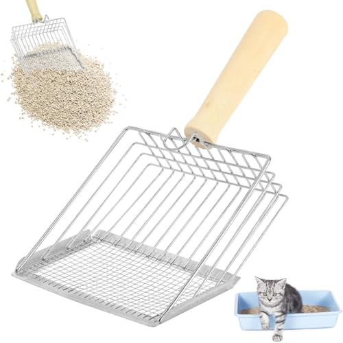 2 in 1 Paletta Lettiera Gatto Paletta per Lettiera per Gatti in Metallo Paletta per Lettiera Gatto con Manico in Legno per Lettiere per Gatti（argento）