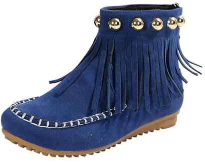 Generisch Bottines d'hiver avec talon pour femme, bottes à franges pour femme, couleur unie, bottines occidentales, antidérapantes, bout rond, bottines courtes, rétro, bleu, 43 EU