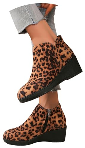 LDXEQIZ Stivali Corti con Zeppa Stivaletti con Plateau da Donna Stivali Vintage con Stampa Leopardata Stivaletti in Pelle Scamosciata con Cerniera Scarpe alla Caviglia Taglie Forti(Leopard,36 EU)