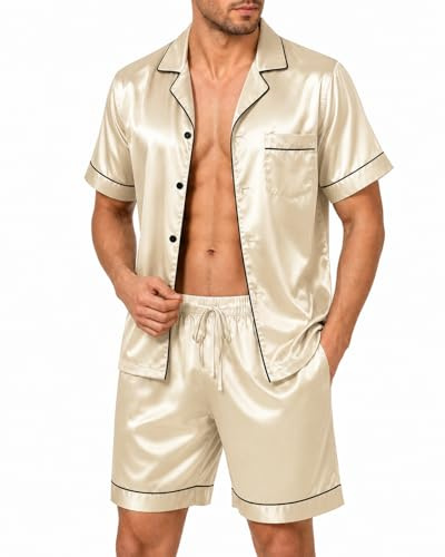 Viondra Ensemble pyjama en soie pour homme à manches courtes – Pyjama en satin, respirant et élastique, ensemble de pyjama deux pièces pour dormir et à la maison