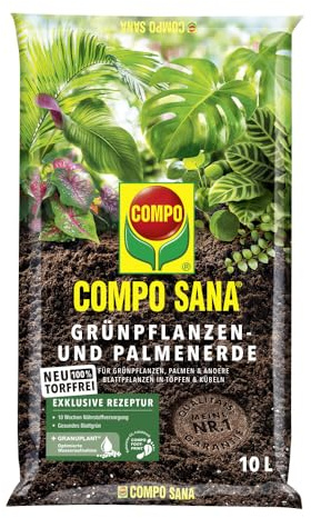 Compo SANA® - Tierra para plantas verdes y palmeras sin turba, 10 L, tierra especial con fertilización inicial y copos respirables para plantas de habitaciones, balcones y terrazas, tierra verde de