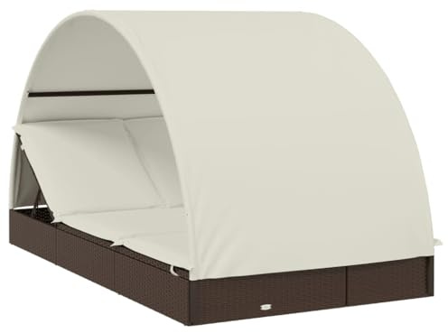 Fisinber Lettino prendisole per 2 persone con tettuccio marrone, 211 x 112 x 140 cm, doppio lettino da sole in polyrattan con schienale regolabile, lettino da giardino con cuscini per giardino e