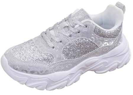Chaussures de Sport Femme Pailletées Plateforme Respirantes Montantes Lacées Sneakers Course Confortables (Silver, 41)