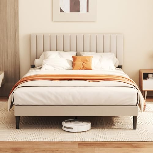 KUTAS 4FT6 Double Bed Frame 135 x 190 cm, Upholstered Bed Frame with Adjustable Headboard (3 Heights), Heavy Duty Metal Frame, Easy Assembly, Noise Free, Underbed Storage, 500kg, No Box Spring, Beige