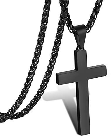P. BLAKE Cross Necklace for Men Boys, Black Stainless Steel Mens Cross Pendant Chain Christian Religious Catholic Jewelry Gifts for Him Male Teen Teenage Boys Son