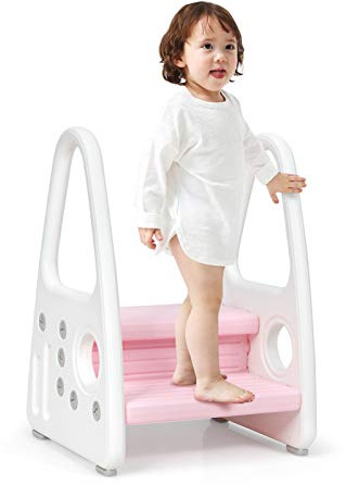 COSTWAY Marche Pieds pour Enfant 2 Marches Antidérapant pour Apprentissage de la Propreté avec Accoudoirs,Tabouret pour Enfants de Structure Triangulaire Escabeau Enfant pour Toilette (Rose)