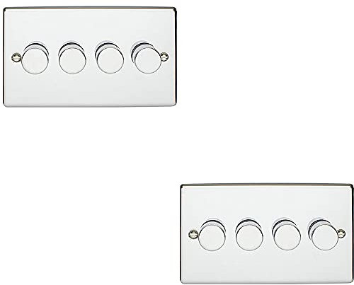 2 PACK | 4 Gang 400W 2 Way Rotary Dimmer Switch –CHROME– Mains 240V Decorative Kitchen/Interior Wall Face Plate – Light Dimming/Dip Control Switch – Push on/off - Twist Dim