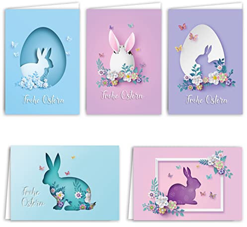 Osterkarten mit Umschlag Set 10 Stück aufklappbar Frohe Ostern Grußkarten in A6 Klappkarten tollen Farben Hasen Blumen Happy Easter Oster Karten Kartenset Umschlag hochwertig geschäftlich