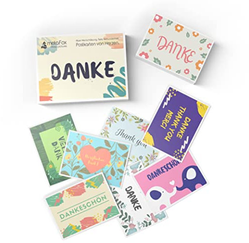 metaFox “Danke” Postkarten | 20 farbenfrohe Dankeskarten - Danke sagen, wenn man dankbar ist | Das perfekte Karten Set für eine 20-tägige Dankbarkeits-Challenge