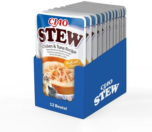 INABA Ciao Stew Katzenfutter Nass 86% Feuchtigkeit und Vitamin E, Premium Katzensuppe mit Huhn & Thunfisch 40 g (12er Pack), 100% natürliches Fleisch, Getreidefrei, Zuckerfrei