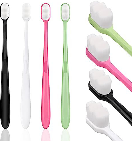 Nano Zahnbürste, 4 Stück Weiche Zahnbürste mit 20.000 Extra Weiche Borsten Mikro-Nano manuelle Zahnbürste Erwachsene für Zerbrechliches Zahnfleisch Erwachsene Kinder (Schwarz,Weiß,Rosa,Grün)