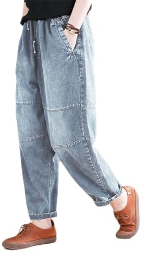 FTCayanz Women's Baggy Jeans Pull On Denim Joggers Elastic Waist Casual Harem Pants with Pockets Jean Blue XL
