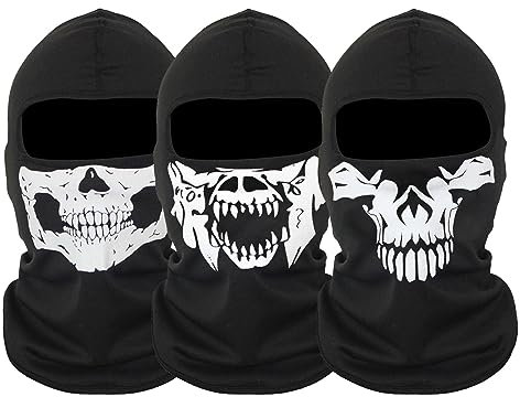 SKHAOVS 3 Piece Ghost Mask Skull Balaclava,Multifunctional Motorcycle Face Mask, Full Head Ski Snood Mask Windproof Warmer Headwear for Outdoor Sport Bike Skateboard Snowboard Cosplay (Black)