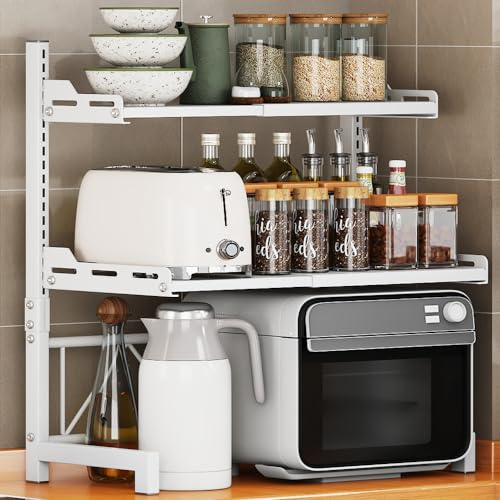 Microwave Shelf Expandable Microwave Oven Rack Shelf Stand kitchen counter shelf unit wall mounted Desktop Printer Heavy Duty Storage Solution Organiser Stand Bakers Pot Pan Grill (White 3Tiers)