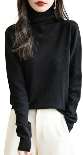 Chanyarn Maglione da Donna in 100% Lana Merino Leggero Collo Alto Lavorato a Maglia Senza Cuciture a Maniche Lunghe Tops (Black,L)