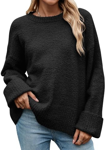 Heekpek Pull Femme Chic Hiver Chaud Col Rond Manches Longues Sweat Oversize Long Verment Grande Taille, Noir, L