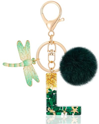 MWOOT Initiale Letter Keychains Porte Clé Lettre A,Alphabet Initial Keyring avec Libellule Pompon Pendentif,Vert Key Ring pour Femmes Portefeuilles Sac à Main Bagages Charme (L)