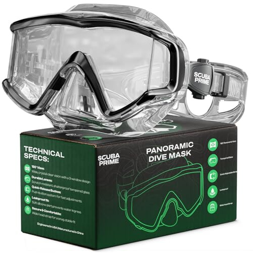 Scuba Prime Pano 3 Scuba Diving Mask, Tempered Glass Snorkel Mask Three-Window Scuba Mask No-Leak Dive Mask Silicone Skirt Diving Mask for Snorkeling and Scuba Use, TransBlack