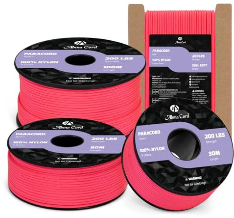 Abma Cord Paracord 2mm 15m Nylonschnur 3 Kern Seil Typ I Schnur für Basteln, Camping, Outdoor - Max. 90kg (200lbs) - Neon Pink