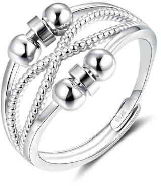 Deyanse Silber Anxiety Ring für Damen Herren, 925 Sterling Silber Spinner Fidget Ring, Offen Einstellbar Anti Stressring, Unendlichkeit Angst Ringe mit Perlen, Unisex Stimmungsring Dekompressionsringe