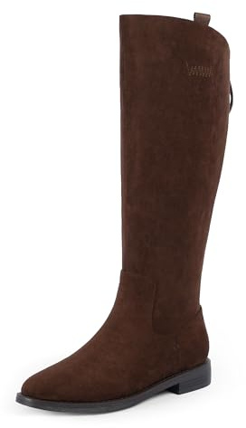 Modatope Knee High Boots Women Suede Brown Low Chunky Block Heel Rounded Toe Riding Boot Flat Fall Winter Tall Boot with Back Zipper Size 8