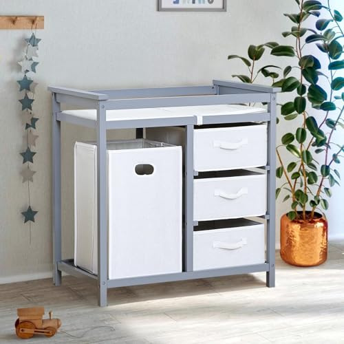 Garvee Wooden Baby Changing Table, Modern Diaper Changing Table, Infant Diaper Changing Station Dresser with Laundry Hamper, 3 Drawer Basket and Changing Pad