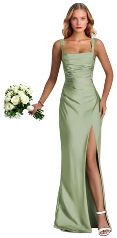 Abito da damigella d'onore in raso da donna, abito da ballo a sirena, con spalline sottili, corsetto lungo plissettato, abito da sera formale con spacco, Verde salvia, 38