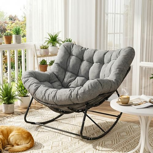 LIFERUN Mecedora con ratán, Silla Mecedora de Huevo, Carga de 150 kg | silla mecedora de gran tamaño, con acolchado grueso extraíble y marco de metal, sillón para jardín, balcón, salón, gris