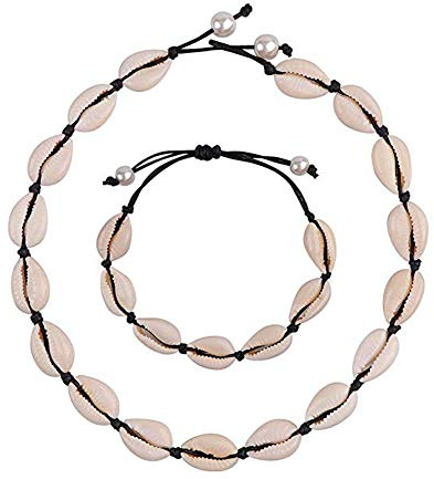 CAREOR Collana girocollo con conchiglie naturali, collana regolabile con conchiglie puka, set di braccialetti hawaiani per donne, uomini, ragazze e signore, 8.6 inches, Conchiglia, bianco perla