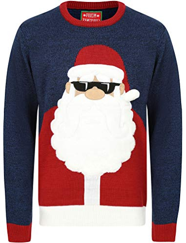 Tokyo Laundry Santa Sunglasses Novelty Christmas Jumper with Faux Fur Applique in Navy – Merry Christmas - S