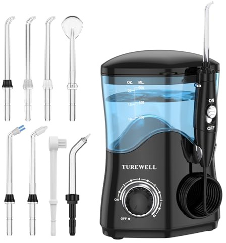 TUREWELL Water Dental Flosser for Teeth/Braces, Water Teeth Cleaner 8 Jet Tips and 10 Pressure Levels, 600ML Large Water Tank Oral Irrigator for Family(Black)