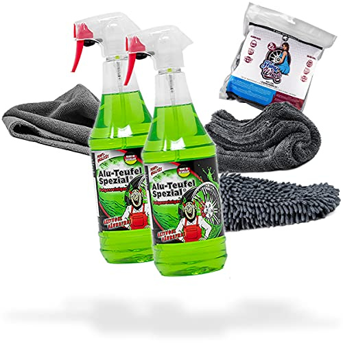 detailmate Fälgar rengöringsset: 2 x Tuga Chemie Alu-Djävul 1 L fälgrenare Nuke Guys Shiny Wheels set med trasa och tvätthandske Edgeless mikrofiberduk 380GSM