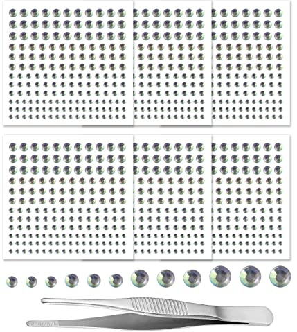 6 Fogli Argento Strass Autoadesivi Adesivi Brillantini Make Up Argento Acrilico Brillantini Glitter Gemme Rotondo di Perline con Pinzette (3 4 5 6mm)
