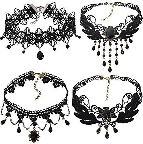 Gothic Halskette Set 4 Stück Spitze Choker Halsband Damen Schwarz Kette Vintage Choker Lolita Kostüm Schmuck für Halloween Pfingsten Maskerade Karneval Fasching Cosplay Kostüm Zubehör (Stil 1)