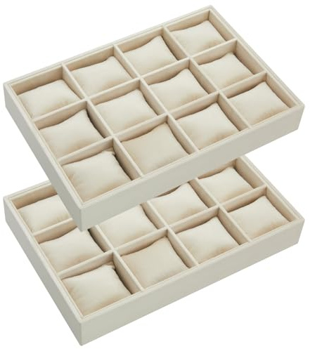 Henoyso 2 Pieces 12 Grid Velvet Watch Tray Jewelry Organizer Stackable Watch Bracelet Bangle Display Holder Adjustable Pillow(Beige)
