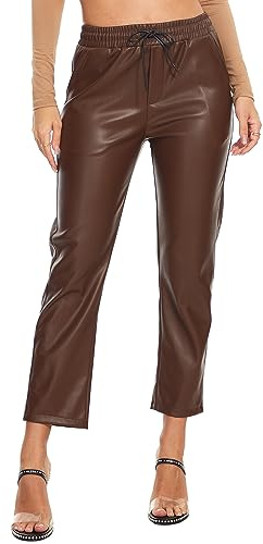 Ginasy Brown Faux Leather Pants for Women High Waist Pleather Jogger Pants Straight Leg Trousers with Pockets