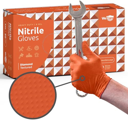 WECARE Orange 8 Mil Nitrile Gloves X Large 50 Pack - Heavy Duty Mechanic Gloves, with Diamond Grip - Powder and Latex Free Disposable Gloves