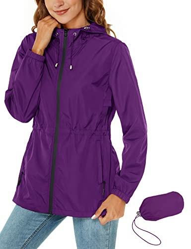 Rapbin Imperméable pour femmes, veste de pluie légère et pliable, avec capuche et poche, style trench-coat, violet, M