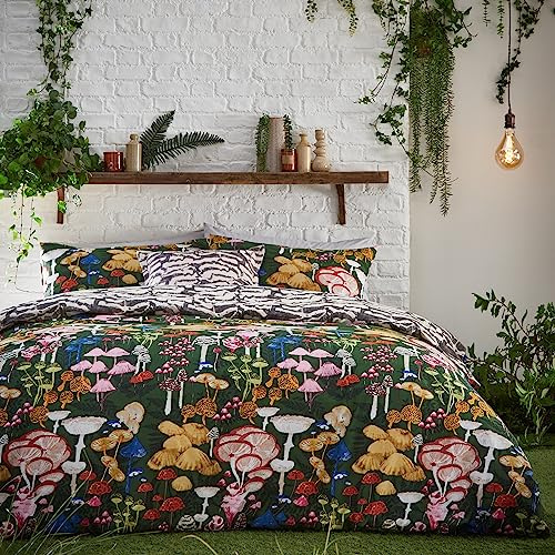 furn. Amanita Duvet Cover Set – Hand-Painted Printed Colourful Mushroom Reversible Bedding (Forest Green – Super King)