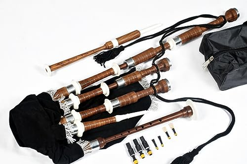Great Highland Dudelsack aus natürlichem Cocobolo-Holz mit elfenbeinfarbenen und nickelsilberfarbenen Halterungen und schwarzer Abdeckschnur für Schüler, komplettes Starter-Set mit