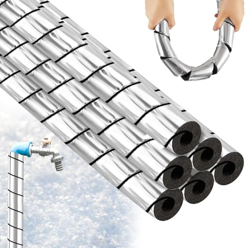 Frienda 6 Pcs Pipe Insulation Foam Tube, 12''/15'' Spiral Cut Snake Aluminum Foil Foam Protection Wrap, Waterproof Pipe Covers for Outdoor Pipes, Bends & Irregular Handles, 1/2'' ID(25 Inches Long)