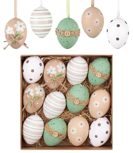Valery Madelyn 12er Ostereier zum Aufhängen für Osterdeko,6cm Nature Plastikeier für Ostern Deko,Braun Grün Ornament für Osterkörbchen Frühlingsdeko,Ostern Geschenke Kinder